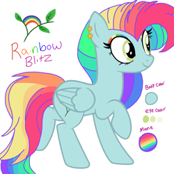 Size: 3200x3200 | Tagged: safe, artist:circuspaparazzi5678, base used, oc, oc:rainbow blitz, parent:fluttershy, parent:rainbow dash, parents:flutterdash, species:pegasus, species:pony, g4, cutie mark, ear piercing, earring, eyeshadow, jewelry, magical lesbian spawn, makeup, multicolored hair, offspring, piercing, rainbow hair, rainbow makeup, reference sheet, solo