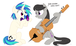 Size: 4000x2400 | Tagged: safe, artist:yaaaco, character:dj pon-3, character:octavia melody, character:vinyl scratch, species:earth pony, species:pony, species:unicorn, ship:scratchtavia, g4, amazed, cello, female, impressed, lesbian, mare, musical instrument, open mouth, raised eyebrow, raised hoof, shipping, simple background, sitting, vinyl's glasses, white background