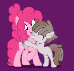 Size: 718x688 | Tagged: safe, artist:circuspaparazzi5678, base used, character:pinkie pie, oc, oc:obsidian dust, parent:maud pie, parent:mudbriar, parents:maudbriar, species:earth pony, species:pony, g4, aunt and nephew, blank flank, colt, duo, female, hug, hugging a pony, jewelry, male, mare, necklace, offspring, purple background, simple background, solo
