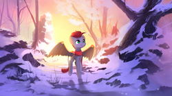 Size: 2951x1657 | Tagged: safe, artist:freeedon, oc, oc:tan-dreamstiller, species:pegasus, species:pony, g4, artificial wings, augmented, clothing, male, scarf, snow, solo, stallion, tree, wings