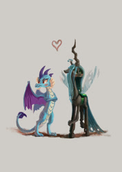 Size: 764x1080 | Tagged: safe, artist:plainoasis, character:princess ember, character:queen chrysalis, species:changeling, species:dragon, ship:emberlis, g4, blushing, crack shipping, dragoness, duo, female, gray background, heart, lesbian, shipping, simple background, tsundember, tsundere