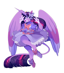 Size: 2100x2400 | Tagged: safe, artist:uunicornicc, character:twilight sparkle, character:twilight sparkle (alicorn), species:alicorn, species:anthro, species:classical unicorn, species:pony, species:unicorn, g4, bow tie, clothing, cloven hooves, colored wings, dress, ethereal mane, female, galaxy mane, leonine tail, looking at you, multicolored wings, simple background, smiling, smiling at you, solo, transparent background, unshorn fetlocks, wings