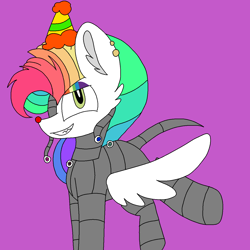 Size: 1378x1378 | Tagged: safe, artist:circuspaparazzi5678, oc, oc:rainbow blitz, species:pegasus, species:pony, g4, clothing, clown nose, ear piercing, earring, evil grin, eyeball, five nights at freddy's sister location, five nights at panda flare's: panda location, grin, hat, jewelry, multicolored hair, party hat, piercing, rainbow hair, rainbow makeup, sharp teeth, smiling, solo, teeth, wires