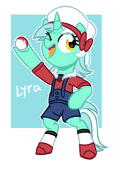 Size: 840x1198 | Tagged: safe, artist:yaaaco, character:lyra heartstrings, species:pony, species:unicorn, g4, bipedal, boots, clothing, cosplay, costume, crossover, cute, female, hat, lyra (pokemon), lyrabetes, namesake, one eye closed, open mouth, overalls, pokéball, pokémon, pun, raised hoof, shirt, shoes, shorts, socks, solo, t-shirt, visual gag, wink
