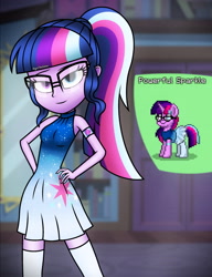 Size: 2732x3566 | Tagged: safe, artist:aryatheeditor, character:twilight sparkle, character:twilight sparkle (scitwi), species:eqg human, species:pony, species:unicorn, pony town, g4, my little pony:equestria girls, accessories, adorasexy, bedroom, book, bookshelf, boots, clothing, cute, cutie mark, cutie mark on clothes, design, digital art, door, dress, female, geode of telekinesis, glasses, headcanon, heterochromia, human and pony, looking at you, magical geodes, mirror, outfit, photo, pose, powerful sparkle, relaxed, room, sexy, shoes, sleeveless, sleeveless dress, socks, solo, standing, thigh boots, thighs, twiabetes