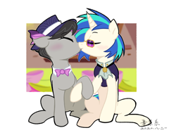 Size: 2600x2000 | Tagged: safe, artist:yaaaco, character:dj pon-3, character:octavia melody, character:vinyl scratch, species:earth pony, species:pony, species:unicorn, ship:scratchtavia, episode:a hearth's warming tail, g4, my little pony: friendship is magic, alternate hairstyle, blushing, bow tie, clothing, eyes closed, female, french kiss, glasses, hat, holding hooves, kissing, lesbian, mare, raised hoof, shipping, sitting, sunglasses, vest, victrola scratch