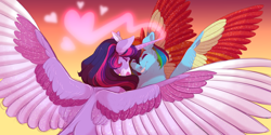 Size: 3000x1500 | Tagged: safe, artist:uunicornicc, character:rainbow dash, character:twilight sparkle, character:twilight sparkle (alicorn), species:alicorn, species:pony, ship:twidash, g4, colored wings, female, lesbian, multicolored wings, shipping, wings