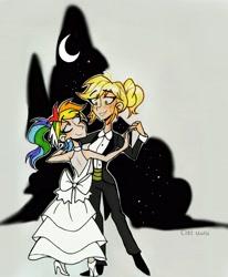 Size: 2510x3049 | Tagged: safe, artist:citi, character:applejack, character:rainbow dash, species:human, ship:appledash, g4, clothing, dancing, dress, female, freckles, hair bun, height difference, humanized, lesbian, moon, night, ponytail, shipping, wedding dress