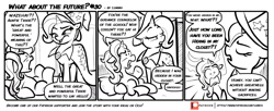 Size: 1600x655 | Tagged: safe, artist:lummh, character:luster dawn, character:trixie, species:pony, species:unicorn, comic:what about the future, episode:the last problem, g4, my little pony: friendship is magic, auntie, bed, cape, clothing, comic, dialogue, eyes closed, hat, monochrome, patreon, patreon logo, room, speech bubble, suggestive series, trixie's cape, trixie's hat
