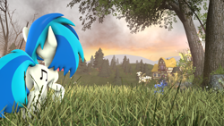 Size: 2560x1440 | Tagged: safe, artist:phenioxflame, character:dj pon-3, character:vinyl scratch, species:pony, species:unicorn, g4, 3d, butt, female, grass, house, mare, plot, source filmmaker, tree