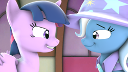 Size: 2560x1440 | Tagged: safe, artist:phenioxflame, character:trixie, character:twilight sparkle, character:twilight sparkle (alicorn), species:alicorn, species:pony, species:unicorn, g4, 3d, cape, clothing, fake smile, female, hat, looking at each other, source filmmaker, trixie's cape, trixie's hat