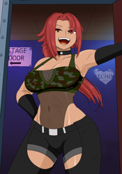 Size: 2800x4000 | Tagged: safe, artist:ponyecho, oc, oc only, oc:nell clearfield, species:human, g4, abs, absurd resolution, armpits, backstage, belt, clothing, collar, denim shorts, female, hand on hip, happy, humanized, indoors, muscles, muscular female, open mouth, open smile, pony coloring, red hair, shiny skin, shorts, smiling, solo, tank top