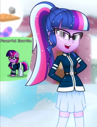 Size: 2732x3566 | Tagged: safe, artist:aryatheeditor, character:twilight sparkle, character:twilight sparkle (scitwi), species:eqg human, species:pony, species:unicorn, pony town, g4, my little pony:equestria girls, belt, boots, clothing, coat, digital art, female, glasses, heterochromia, horn, human and pony, looking at you, outfit, photo, powerful sparkle, relaxed, shoes, smiling, smiling at you, solo, thigh boots, thighs, winter, winter outfit