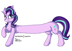 Size: 1280x905 | Tagged: safe, artist:julunis14, character:starlight glimmer, species:pony, species:unicorn, g4, chest fluff, digital art, female, long glimmer, long pony, one hoof raised, simple background, smiling, solo, transparent background