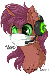 Size: 1600x2263 | Tagged: safe, artist:julunis14, oc, oc only, oc:redomir, species:pony, species:unicorn, g4, coronavirus, covid-19, cybernetic eyes, cyberpunk, cyborg, face mask, headset, mask, microphone, simple background, solo, transparent background