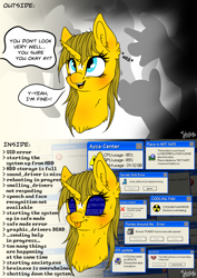 Size: 4093x5787 | Tagged: safe, artist:julunis14, oc, oc only, oc:ayza, species:pony, species:unicorn, g4, 2 panel comic, anxiety, blue screen of death, blushing, comic, dialogue, error, error message, mental blue screen of death, social anxiety, solo, sweat, tongue out, windows, windows xp