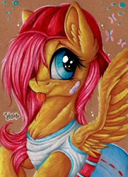 Size: 1600x2216 | Tagged: safe, artist:julunis14, gameloft, character:fluttershy, species:pegasus, species:pony, g4, 90s grunge fluttershy, backwards ballcap, bandaid, baseball cap, belt, bust, cap, chest fluff, clothing, cute, ear fluff, female, gameloft interpretation, hair over one eye, hat, mare, messy mane, shyabetes, solo, spread wings, tongue out, traditional art, wings