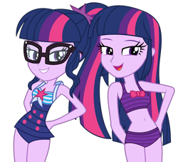 Size: 10553x9568 | Tagged: safe, artist:aryatheeditor, artist:firesidearmy46231, edit, character:twilight sparkle, character:twilight sparkle (alicorn), character:twilight sparkle (scitwi), species:eqg human, g4, my little pony:equestria girls, belly button, bikini, clothing, duo, female, glasses, looking at you, ponytail, show accurate, simple background, sleeveless, swimsuit, transparent background, twolight, vector, vector edit