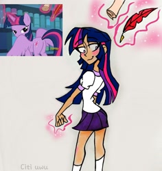 Size: 1756x1864 | Tagged: safe, artist:citi, screencap, character:twilight sparkle, character:twilight sparkle (alicorn), species:alicorn, species:human, species:pony, episode:the fault in our cutie marks, g4, my little pony: friendship is magic, bedroom eyes, butt, clothing, female, glowing hands, humanized, looking over shoulder, magic, scene interpretation, screencap reference, skirt, solo, telekinesis, twibutt