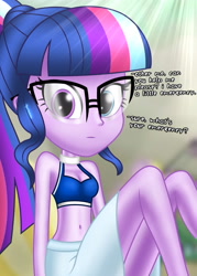 Size: 2500x3500 | Tagged: safe, artist:aryatheeditor, character:twilight sparkle, character:twilight sparkle (scitwi), species:eqg human, g4, my little pony:equestria girls, beach, belly, belly button, bikini, bikini top, breasts, cleavage, clothing, conversation, digital art, explicit description, explicit source, female, geode of telekinesis, glasses, grammar error, heterochromia, looking at you, magical geodes, outfit, photo, powerful sparkle, sexy, shiny, sitting, skirt, sleeveless, solo, swimsuit