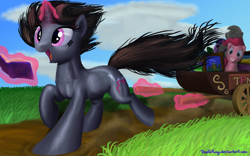 Size: 1200x750 | Tagged: safe, artist:deathpwny, character:pinkie pie, oc, oc:inky, oc:inky notebook, species:earth pony, species:pony, species:unicorn, g4, book, cloud, female, glowing horn, horn, magic, mare, open mouth, outdoors, smiling, telekinesis, toy, wagon, walking