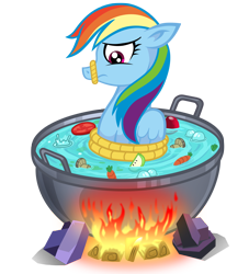 Size: 1818x2000 | Tagged: safe, artist:wangkingfun, character:rainbow dash, species:pegasus, species:pony, g4, carrot, cooked alive, cooking, female, fire, floppy ears, food, mare, mushroom, pony as food, pot, simple background, solo, transparent background