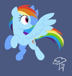 Size: 900x950 | Tagged: safe, artist:yaaaco, character:rainbow dash, species:pegasus, species:pony, g4, blue background, female, flying, mare, profile, raised hoof, raised leg, simple background, solo