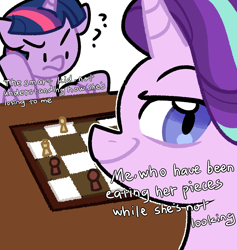 Size: 900x950 | Tagged: safe, artist:yaaaco, character:starlight glimmer, character:twilight sparkle, character:twilight sparkle (alicorn), species:alicorn, species:pony, species:unicorn, g4, chess, chess piece, chessboard, confused, dialogue, female, mare, meme, open mouth, question mark, raised hoof, simple background, sitting, smiling, smirk, smug, smuglight glimmer, table, wat, white background
