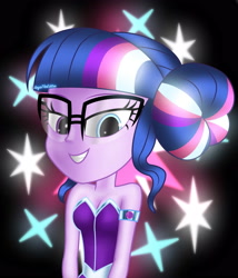 Size: 3000x3500 | Tagged: safe, artist:aryatheeditor, character:twilight sparkle, character:twilight sparkle (scitwi), species:eqg human, g4, my little pony:equestria girls, accessories, bare shoulders, beautiful, bedroom eyes, breasts, bust, cleavage, clothing, cutie mark, cutie mark background, digital art, dress, element of magic, female, geode of telekinesis, glasses, glow, glowing eyes, grin, hair bun, heterochromia, jewelry, looking at you, looking down, looking down at you, magical geodes, nerd, outfit, pendant, photo, powerful sparkle, relaxed, shiny, sleeveless, smiling, solo, sparkles, strapless