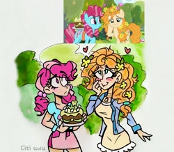 Size: 2453x2139 | Tagged: safe, artist:citi, screencap, character:cup cake, character:pear butter, species:human, episode:the perfect pear, g4, my little pony: friendship is magic, blushing, cake, chiffon swirl, clothing, cutie mark, cutie mark accessory, cutie mark on clothes, flower, flower in hair, food, heart, humanized, messy hair, messy mane, scene interpretation, screencap reference, younger