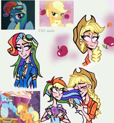 Size: 2472x2662 | Tagged: safe, artist:citi, screencap, character:applejack, character:rainbow dash, species:human, episode:make new friends but keep discord, episode:newbie dash, episode:simple ways, g4, my little pony: friendship is magic, apple, card game, clothing, crying, food, freckles, goggles, humanized, nose blowing, rainbow fash, scene interpretation, screencap reference, uniform, wonderbolts uniform