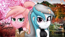 Size: 3840x2160 | Tagged: safe, artist:aryatheeditor, artist:horsecat, artist:tavi959, oc, oc:ruby sunshine, oc:silver dawn, g4, my little pony:equestria girls, bare shoulders, beautiful, clothing, coat, digital art, forest, glasses, leaves, looking at you, mountain, photo, shirt, sleeveless, sleeveless shirt, smiling, smiling at you, tree