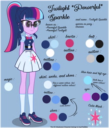 Size: 3000x3500 | Tagged: safe, artist:aryatheeditor, character:twilight sparkle, character:twilight sparkle (scitwi), species:eqg human, g4, my little pony:equestria girls, beautiful, bow tie, clothing, cutie mark, cutie mark on clothes, design, digital art, female, geode of telekinesis, glasses, headcanon, heterochromia, jewelry, magical geodes, nerd, outfit, pendant, powerful sparkle, reference sheet, sheet, shirt design, shoes, skirt, sneakers, socks, solo, stand, standing