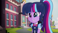 Size: 4096x2304 | Tagged: safe, artist:aryatheeditor, character:twilight sparkle, character:twilight sparkle (scitwi), species:eqg human, g4, my little pony: the movie (2017), my little pony:equestria girls, beautiful, bow tie, canterlot high, clothing, cute, cute face, digital art, female, geode of telekinesis, glasses, happy, heterochromia, jewelry, magical geodes, movie, movie accurate, movie reference, outfit, pendant, powerful sparkle, pretty, shiny, skirt, smiley face, smiling, smirk, solo, twiabetes