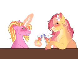 Size: 2000x1500 | Tagged: safe, artist:uunicornicc, character:luster dawn, oc, oc:strawberry sunrise, species:pegasus, species:pony, g4, alcohol, chest fluff, drinking straw, female, glass, magic, mare, simple background, white background