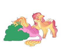 Size: 2000x1500 | Tagged: safe, artist:uunicornicc, character:luster dawn, oc, oc:strawberry sunrise, species:pegasus, species:pony, g4, bush, colored wings, female, implied vomit, mare, multicolored wings, simple background, white background, wings