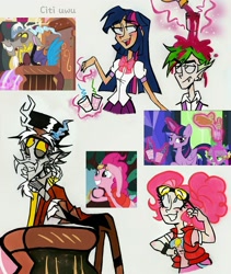 Size: 1747x2073 | Tagged: safe, artist:citi, screencap, character:discord, character:pinkie pie, character:spike, character:twilight sparkle, character:twilight sparkle (alicorn), species:alicorn, species:human, species:pony, episode:what about discord?, g4, my little pony: friendship is magic, back to the future, glowing hands, humanized, magic, pinkie mcpie, scene interpretation, screencap reference, spilled drink, telekinesis, traditional art