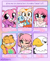 Size: 2433x3000 | Tagged: safe, artist:moozua, oc, oc:fluffle puff, species:anthro, species:bird, species:human, species:rabbit, :p, animal, animal crossing, apollo, bear, blep, blushing, bust, cat, chao, cheese the chao, clothing, cream the rabbit, crossover, cuddle team leader, eagle, fairy, female, fingerless gloves, fortnite, garfield, glasses, gloves, heart eyes, high, humanized, kyu sugardust, male, one eye closed, open mouth, shhh, six fanarts, smiling, sonic the hedgehog (series), stoned, tongue out, waving, wingding eyes, wink