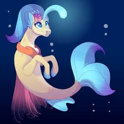 Size: 2100x2100 | Tagged: safe, artist:uunicornicc, character:princess skystar, species:seapony (g4), g4, my little pony: the movie (2017), angler seapony, bioluminescent, blue eyes, bubble, female, fin wings, fins, fish tail, flower, flower in hair, freckles, glow, jewelry, necklace, pearl necklace, smiling, solo, underwater, water, wings