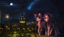 Size: 3423x2000 | Tagged: safe, artist:freeedon, character:starlight glimmer, character:twilight sparkle, character:twilight sparkle (alicorn), species:alicorn, species:pony, species:unicorn, g4, chest fluff, commission, duo, female, lantern, looking at each other, mare, moon, night, ponyville, ponyville town hall, scenery, smiling, stars, walking