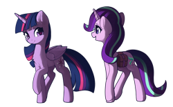Size: 2251x1394 | Tagged: safe, artist:freeedon, character:starlight glimmer, character:twilight sparkle, character:twilight sparkle (alicorn), species:alicorn, species:pony, species:unicorn, g4, bag, duo, duo female, female, raised hoof, saddle bag, simple background, smiling, transparent background