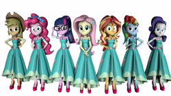 Size: 3840x2160 | Tagged: safe, artist:fazbearsparkle, character:applejack, character:fluttershy, character:pinkie pie, character:rainbow dash, character:rarity, character:sunset shimmer, character:twilight sparkle, character:twilight sparkle (scitwi), species:eqg human, g4, my little pony: equestria girls, my little pony:equestria girls, 3d, clothes swap, clothing, dress, female, humane five, humane seven, humane six, long skirt, looking at you, simple background, skirt, source filmmaker