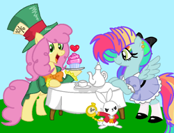 Size: 750x572 | Tagged: safe, artist:circuspaparazzi5678, artist:drchrissy, base used, edit, character:angel bunny, character:li'l cheese, oc, oc:rainbow blitz, parent:fluttershy, parent:rainbow dash, parents:flutterdash, species:earth pony, species:pegasus, species:pony, episode:the last problem, g4, my little pony: friendship is magic, alice in wonderland, clothing, cupcake, dress, ear piercing, earring, food, jewelry, mad hatter, magical lesbian spawn, multicolored hair, offspring, older li'l cheese, piercing, rainbow hair, rainbow makeup, tea