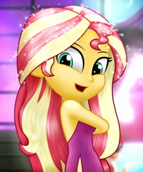 Size: 2500x3000 | Tagged: safe, artist:aryatheeditor, character:sunset shimmer, species:eqg human, g4, my little pony:equestria girls, bare shoulders, beautiful, beautisexy, canterlot high, clothing, cute, digital art, dress, female, geode of empathy, glitter, glow, looking at you, magical geodes, outfit, party, photo, shimmerbetes, sleeveless, smiley face, smiling, smiling at you, solo, sunset shimmer day