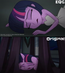 Size: 3120x3510 | Tagged: safe, artist:aryatheeditor, screencap, character:twilight sparkle, character:twilight sparkle (alicorn), character:twilight sparkle (eqg), species:alicorn, species:eqg human, species:pony, g4, my little pony: the movie (2017), my little pony:equestria girls, bare shoulders, canterlot, canterlot castle, clothing, dress, dying, equestria girls interpretation, female, human and pony, lying down, movie, movie accurate, movie reference, outfit, scene interpretation, screencap reference, sleeveless, solo, strapless, weakened, white dress