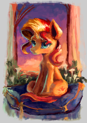 Size: 764x1080 | Tagged: safe, artist:plainoasis, character:sunset shimmer, species:pony, species:unicorn, g4, curtains, cushion, female, painting, pillow, plant, sitting, solo