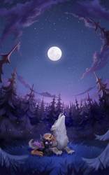 Size: 2156x3450 | Tagged: safe, artist:inowiseei, oc, oc only, oc:clarity heart, species:changeling, species:wolf, g4, changeling oc, commission, forest, lying down, moon, night, prone, purple changeling, scenery, smiling