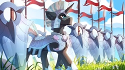 Size: 1024x576 | Tagged: safe, artist:redchetgreen, oc, oc:valorheart, species:pony, species:unicorn, g4, armor, crystal guard, crystal guard armor, flag, male, shield, spear, weapon