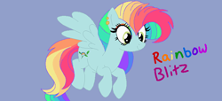 Size: 753x343 | Tagged: safe, artist:circuspaparazzi5678, base used, oc, oc:rainbow blitz, parent:fluttershy, parent:rainbow dash, parents:flutterdash, species:pegasus, species:pony, g4, base:selenaede, blue background, ear piercing, earring, jewelry, magical lesbian spawn, multicolored hair, next generation, offspring, piercing, pixel base, rainbow hair, rainbow makeup, simple background, solo