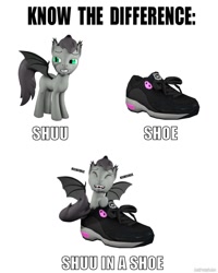Size: 1024x1280 | Tagged: safe, artist:batponyecho, oc, oc only, oc:shutterstock, species:bat pony, species:pony, g4, 3d, bat pony oc, bat wings, bedroom eyes, clothing, laughing, male, shoes, simple background, solo, source filmmaker, spread wings, stallion, tail, text, wings
